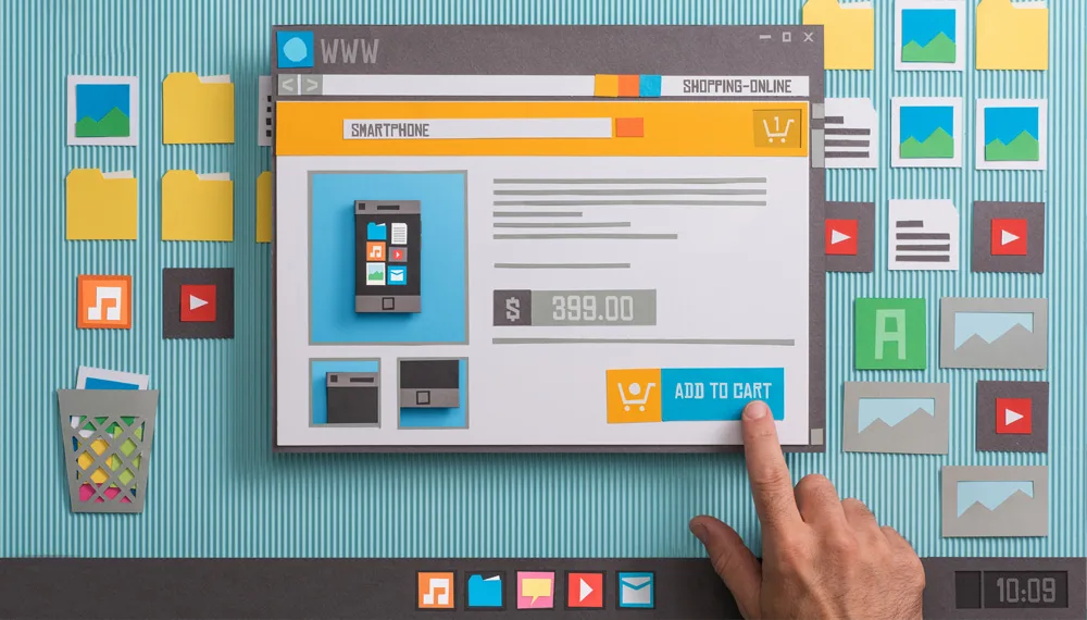 elementos de design e criação de lojas virtuais sob uma mesa com vista superior.